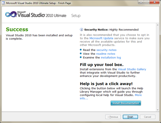 Visual Studio 2010 Ultimate Setup - Finish Page - instalace dokončena Success